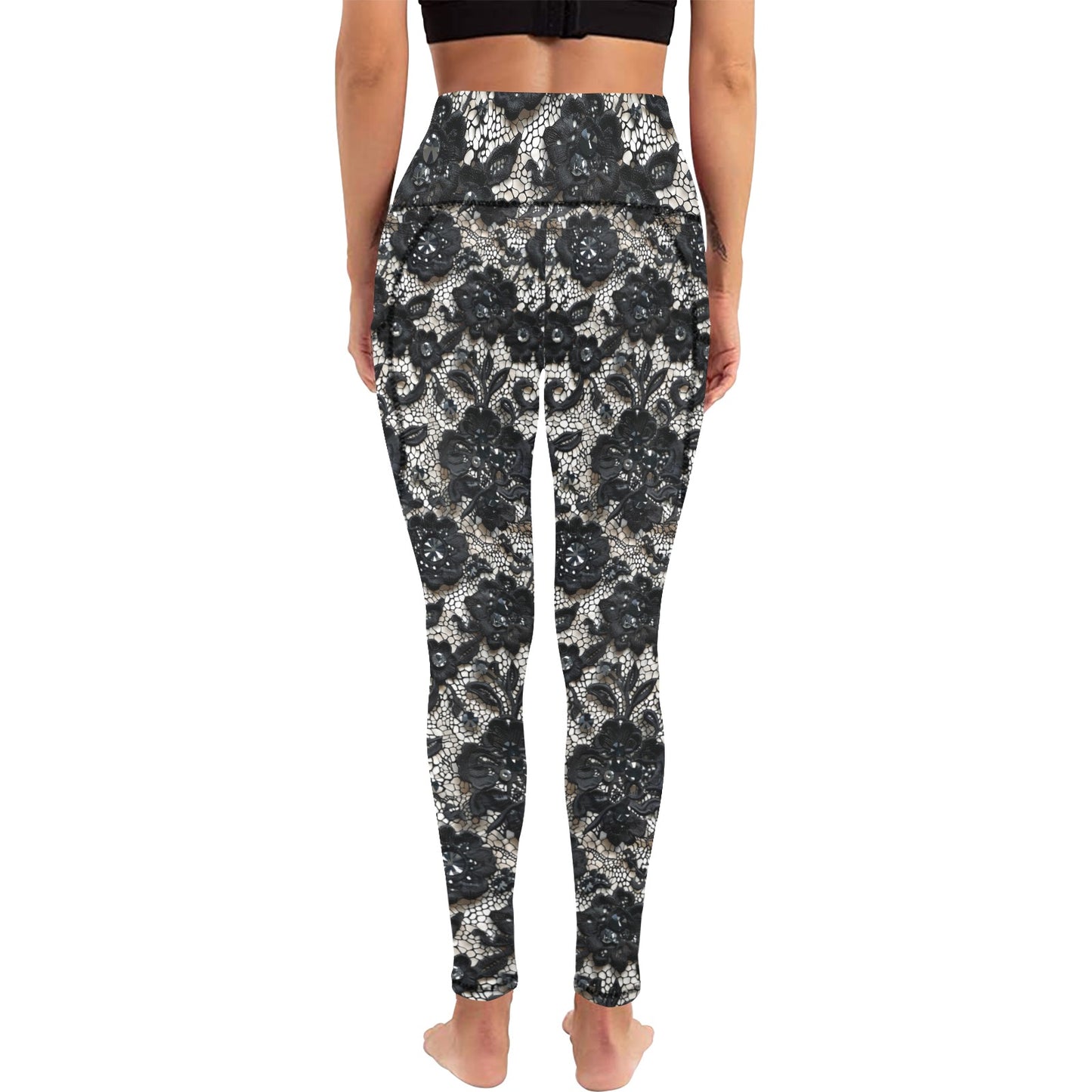Black Lace Women's Leggings with Pockets