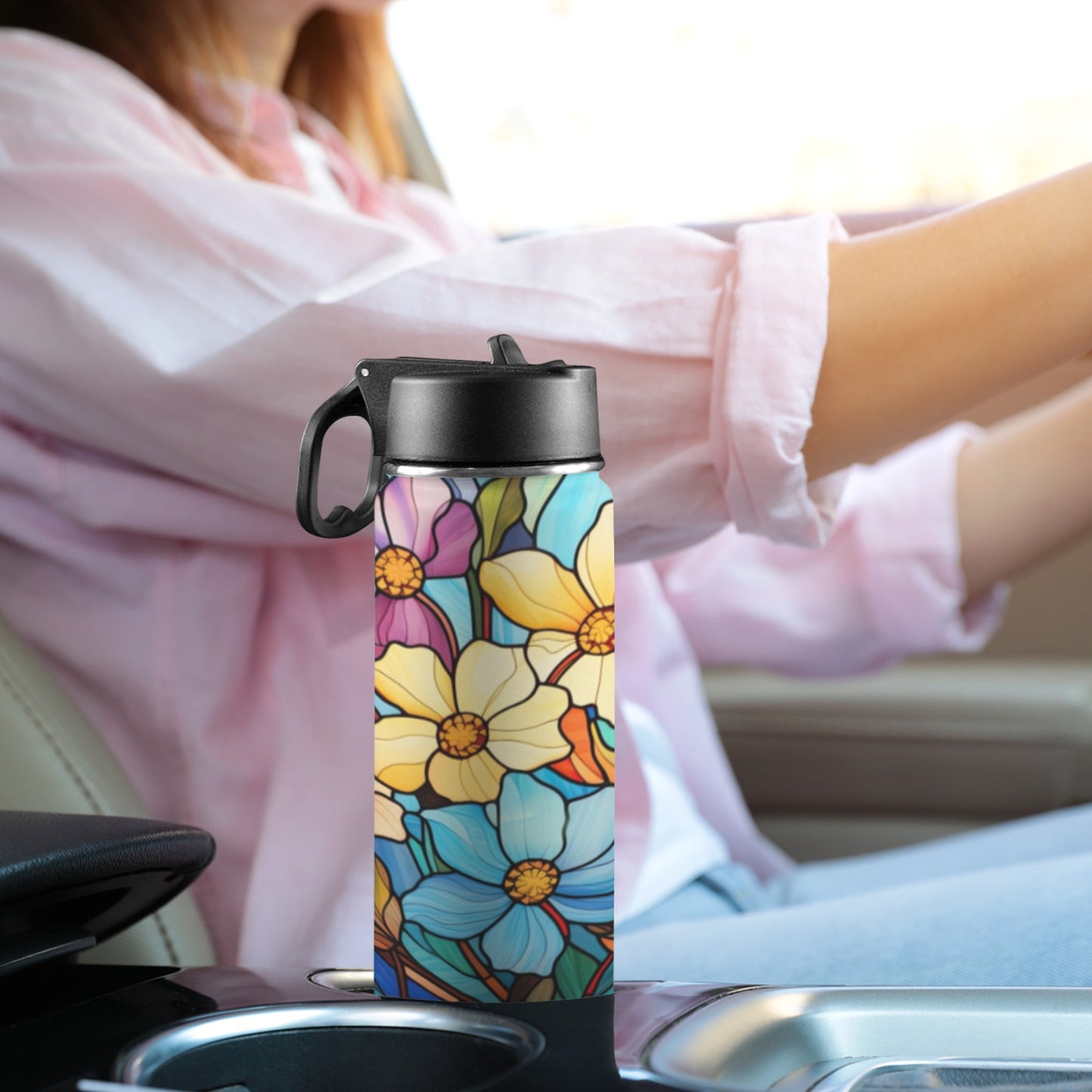 Stained Glass Flowers 03 Insulated Water Bottle with Straw Lid (18oz)
