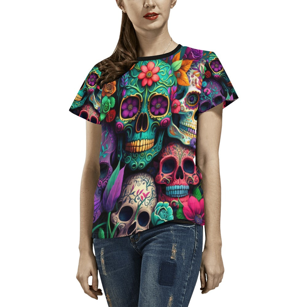 Colorful Skeleton Collage T-Shirt for Women (USA Size)
