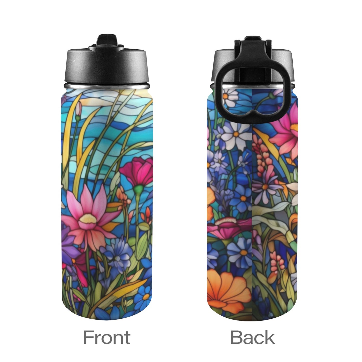 Stained Glass Flowers Insulated Water Bottle with Straw Lid (18oz)