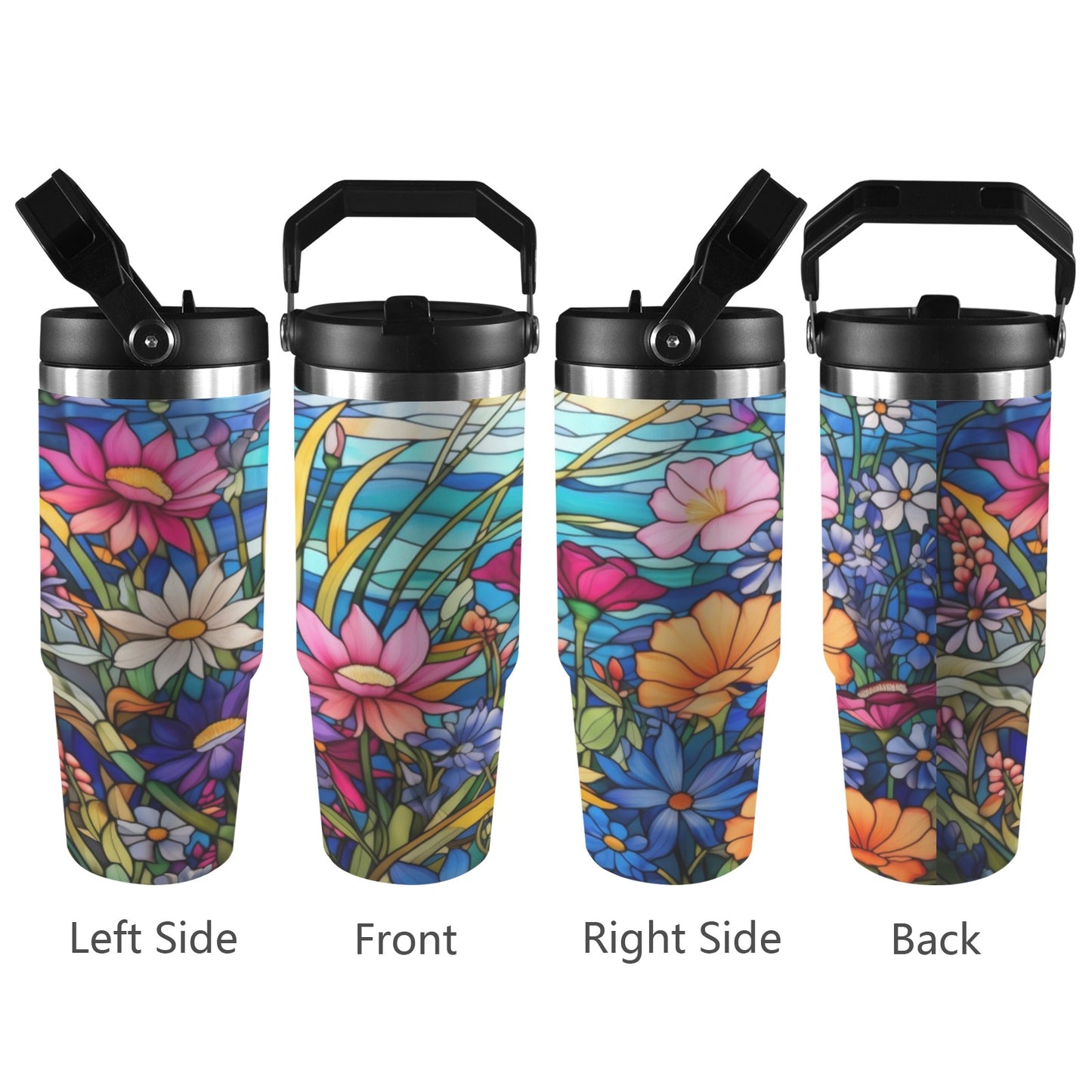 Stained Glass Flowers 30oz Tumbler with Top Handle