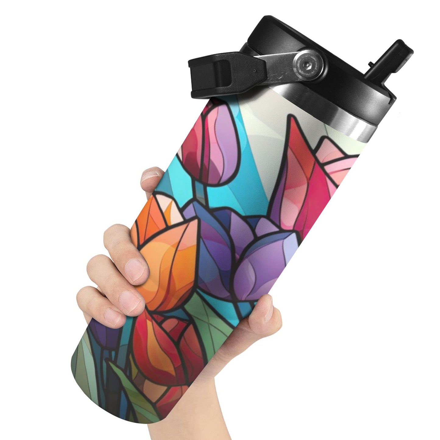 Stained Glass Flowers 4 30oz Tumbler with Top Handle