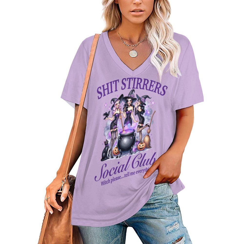 Shit Stirrers V-neck Short Sleeve T-shirt, Black, White & Purple Choices